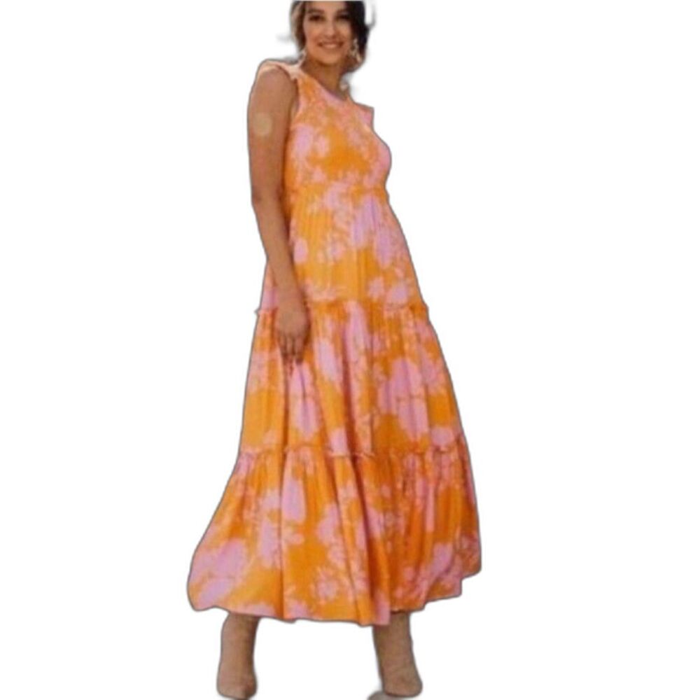 Abel The Label Womens Pink Orange Tropical Floral Tiered Maxi Dress Size M